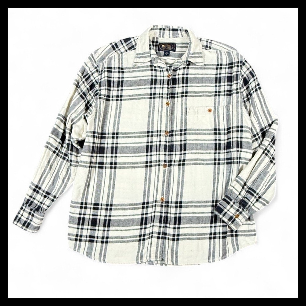 Vintage British Khaki Robert Lighton Plaid Flannel Shirt Women 8 Black White Y2K